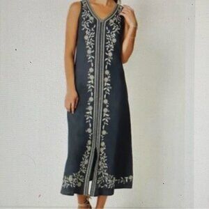 [New] Pure Jill (1X) Gray & Cream Embroidered Sleeveless Midi Shift Dress